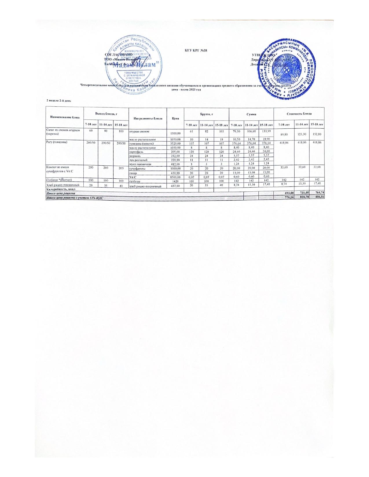 Ас мәзірі 14.02.2023жыл 2 апта 2 күн