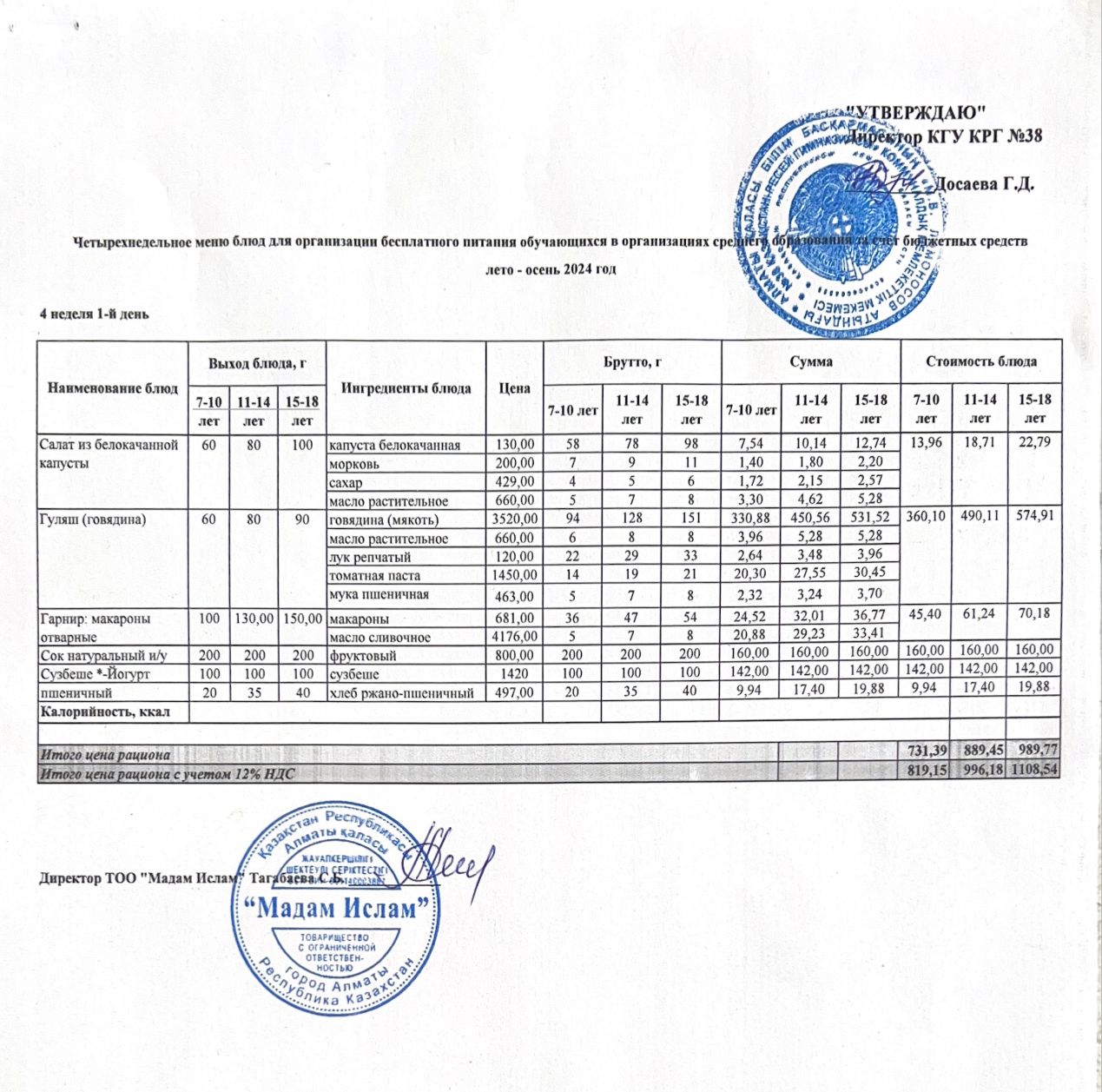 Ас мәзірі 4 апта 1 кун