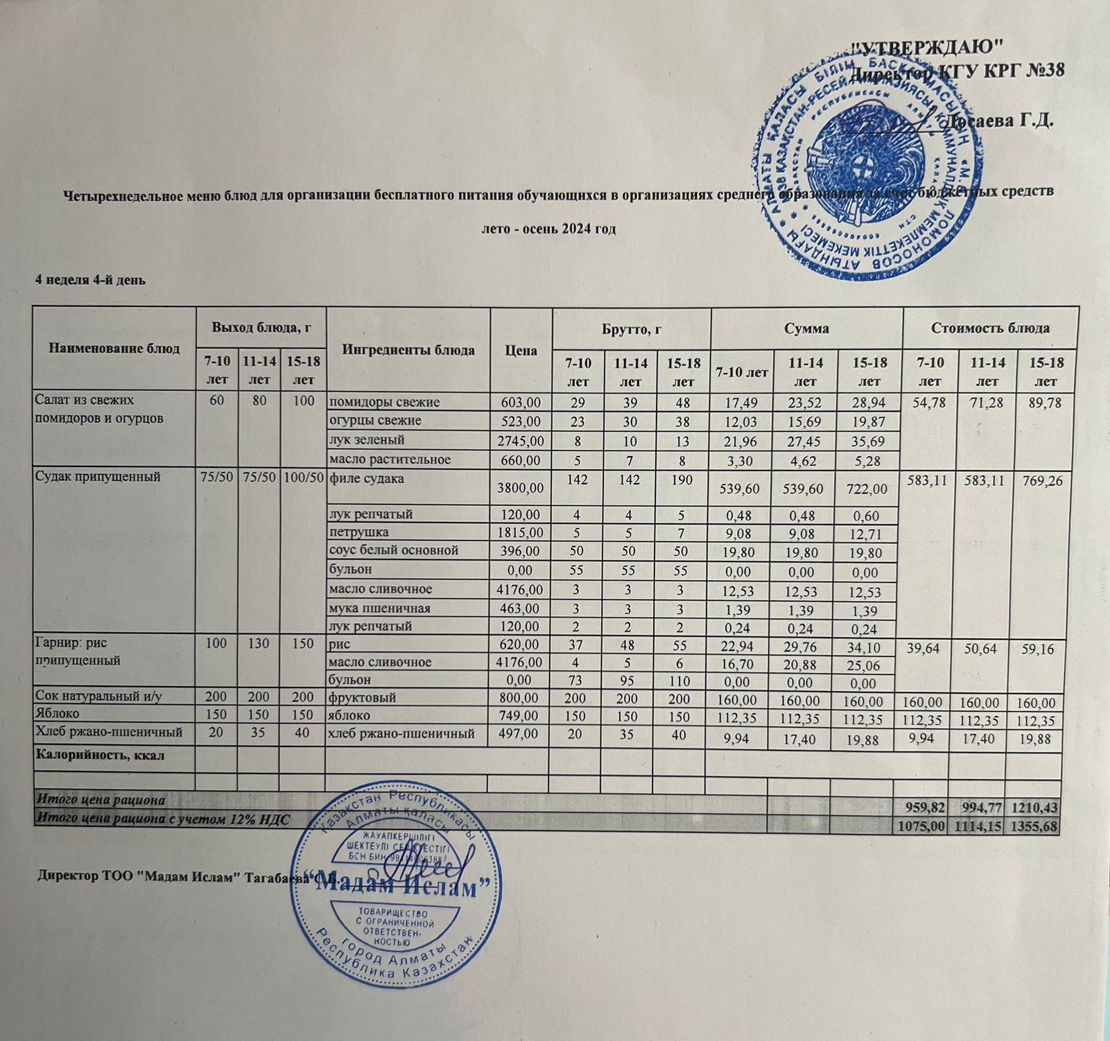 Ас мәзірі 4 апта 4 күн