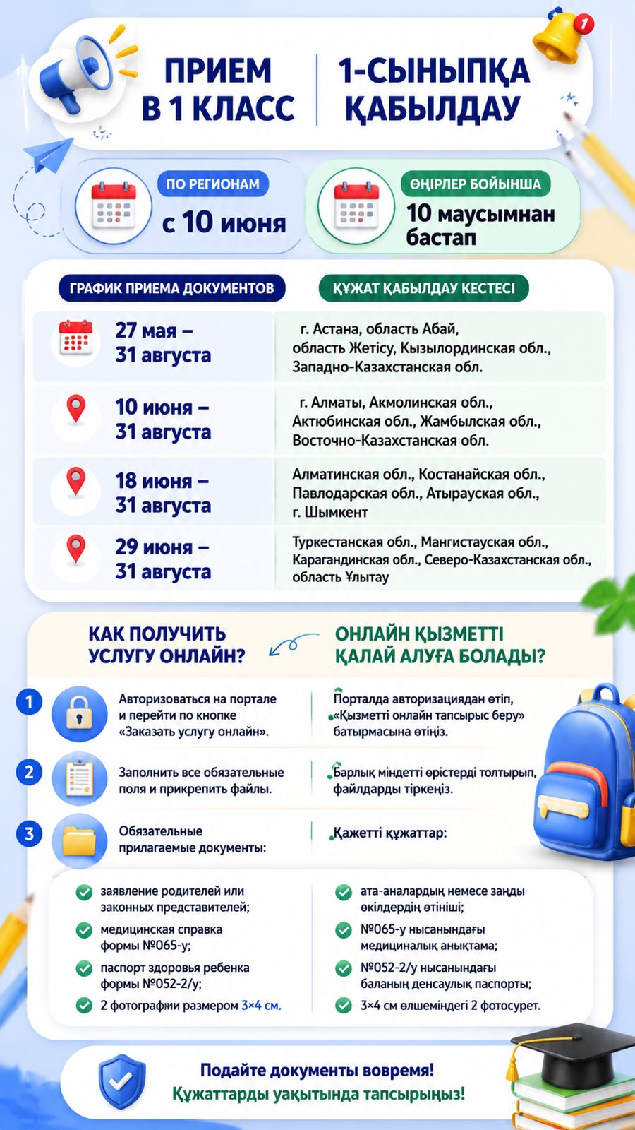 Прием документов в 1 класс на 2026-2027 учебный год в школах города Алматы начинается с 10 июня 2026 года.